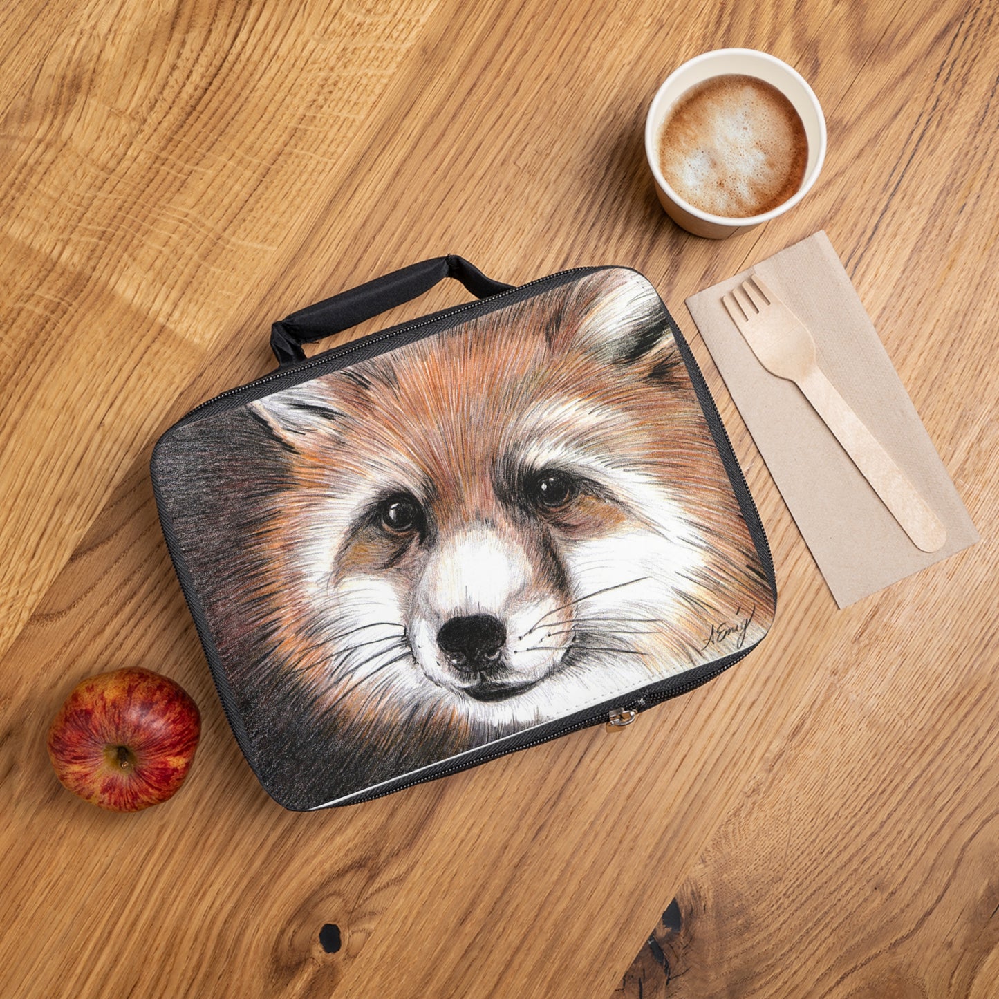 Red Fox Lunch Bag - Hand-Drawn Wildlife Insulated Lunchbox for Kids & Adults